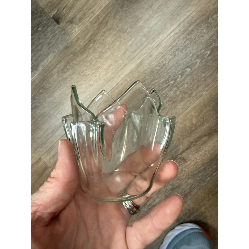 Green Rim Hand Blown Art Glass Tulip Fold Small Vase Votive Candle Holder Decor